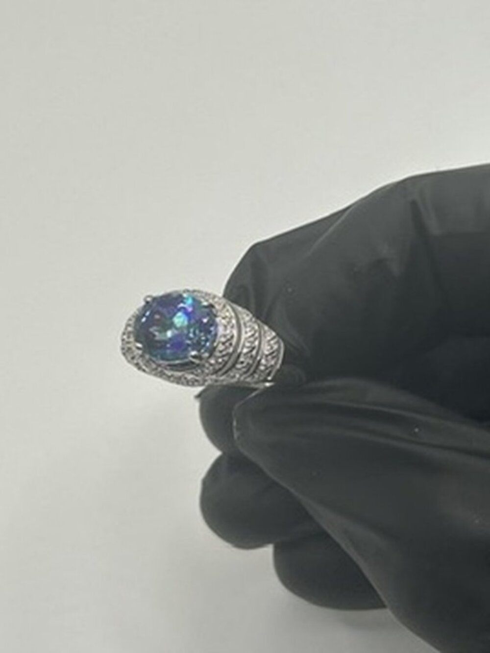 Vintage Silver Mystic Rainbow Stone Ring Size 10 Blue Green Purple Statement